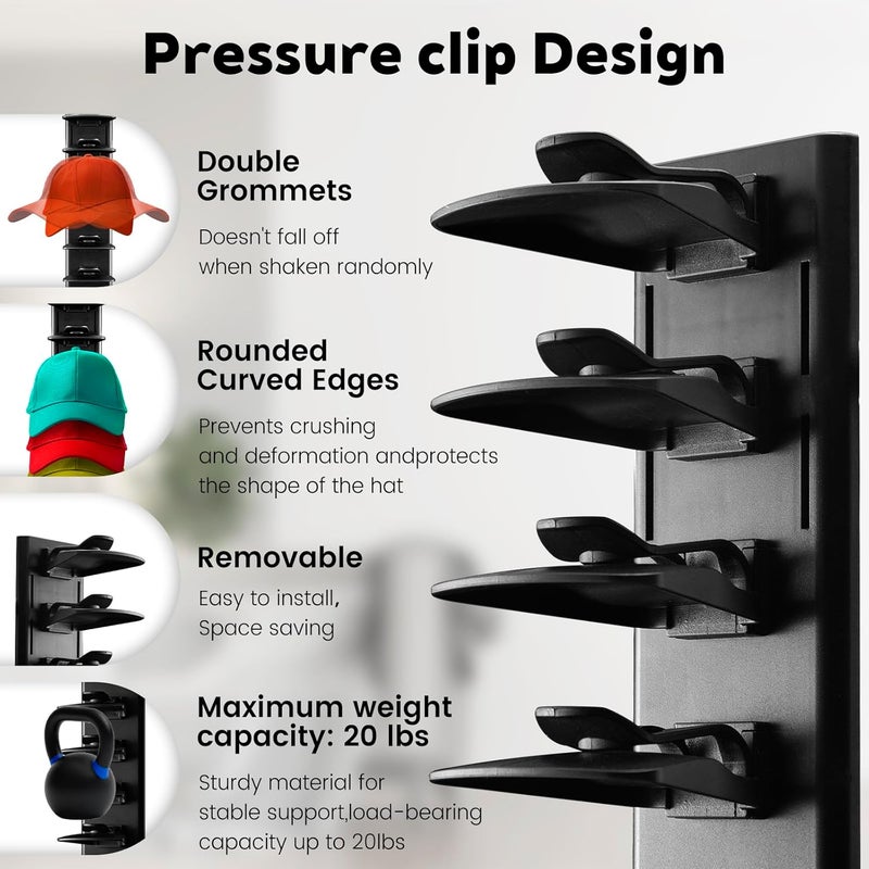 PCEEL 2Pack Hat Organizer for Baseball Cap with Locking Tech, Hat Rack Strong Adhesive Hat Hooks for Wall Hold Up to 20 Hats, Multi-layer Hat Storage Display for Door, Bedroom, Closet - Black - Image 3